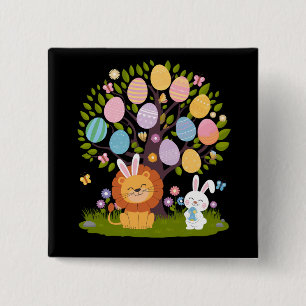 Lion Bunny Easter Cute Tree Hunting Eggs 15 Cm Square Badge
