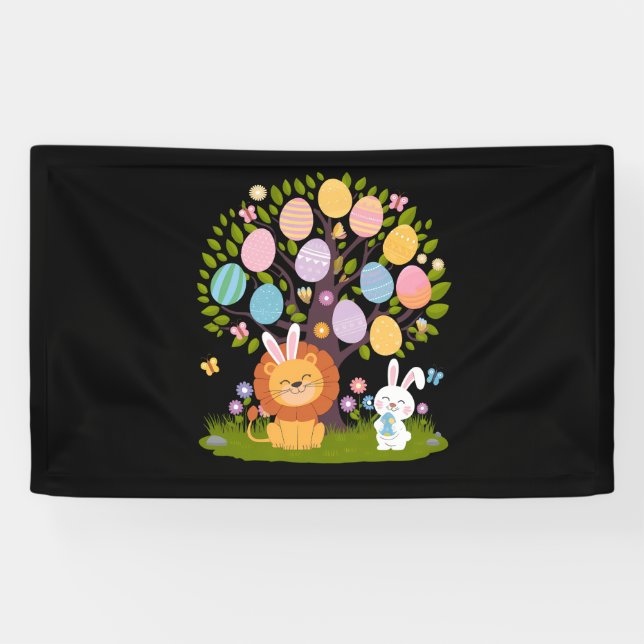 Lion Bunny Easter Cute Tree Hunting Eggs Banner (Horizontal)