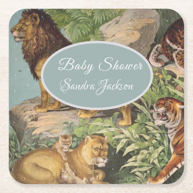 Lion cat jungle Gender neutral Baby Shower by Mail Square Paper Coaster (Front)