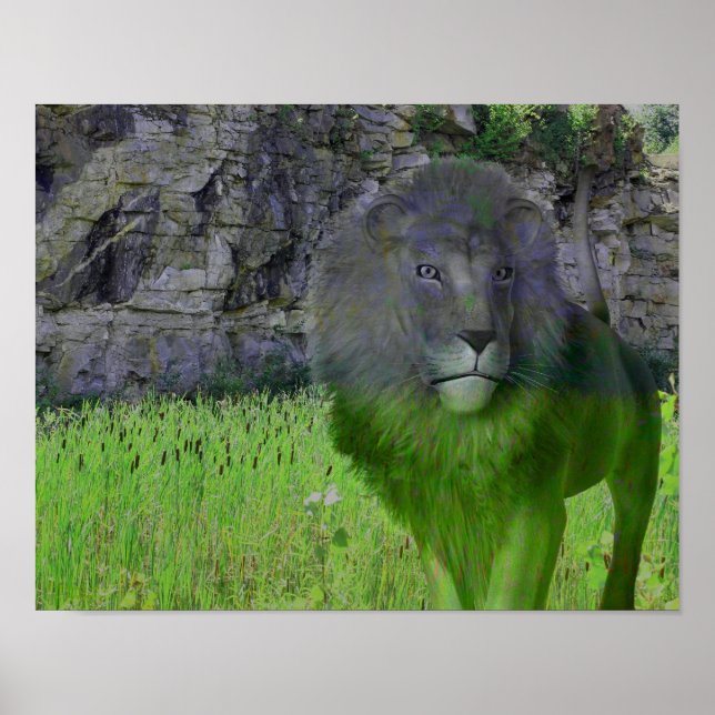 Lion Cattails Stone Wall Fantasy Art Poster (Front)