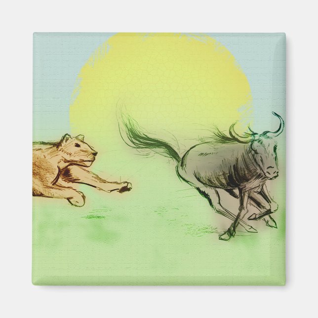 Lion Chasing Buffalo in the Wild Square Magnet (Front)