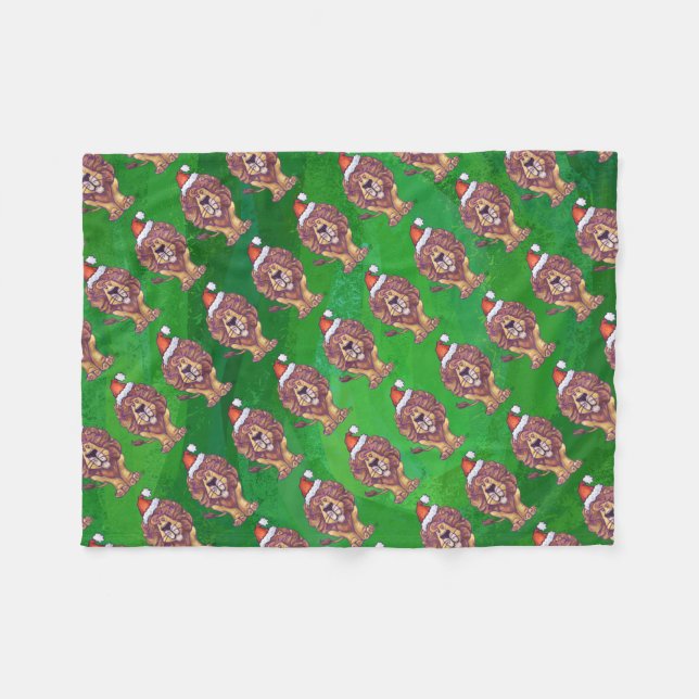 Lion Christmas On Green Fleece Blanket (Front (Horizontal))