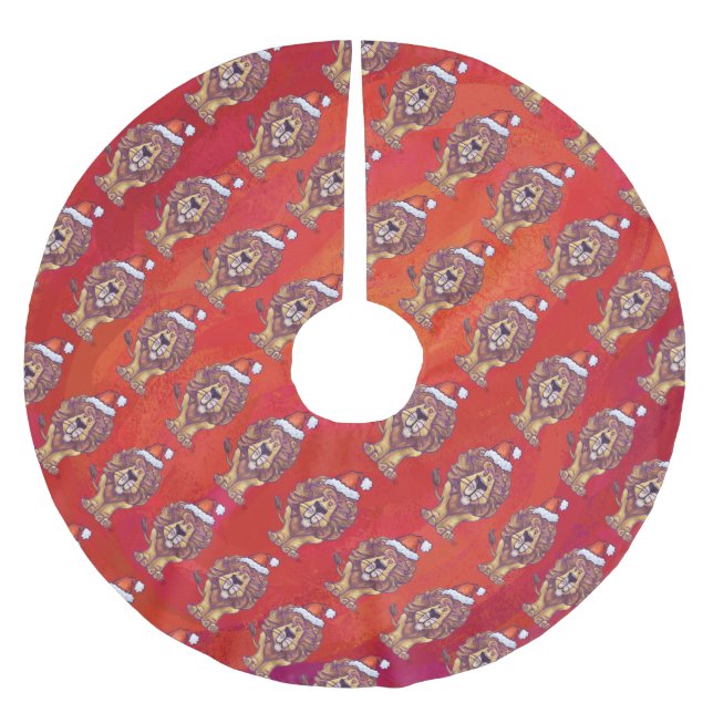 Lion Christmas On Red Brushed Polyester Tree Skirt (Front)