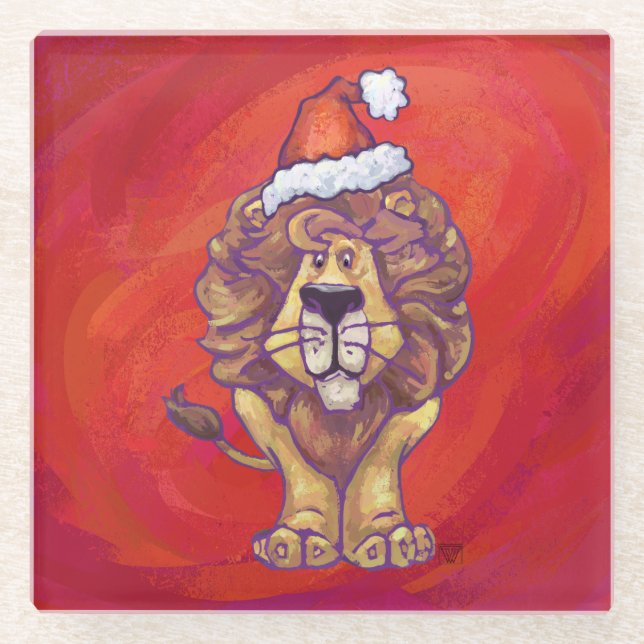 Lion Christmas On Red Glass Coaster (Front)