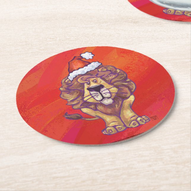 Lion Christmas On Red Round Paper Coaster (Angled)