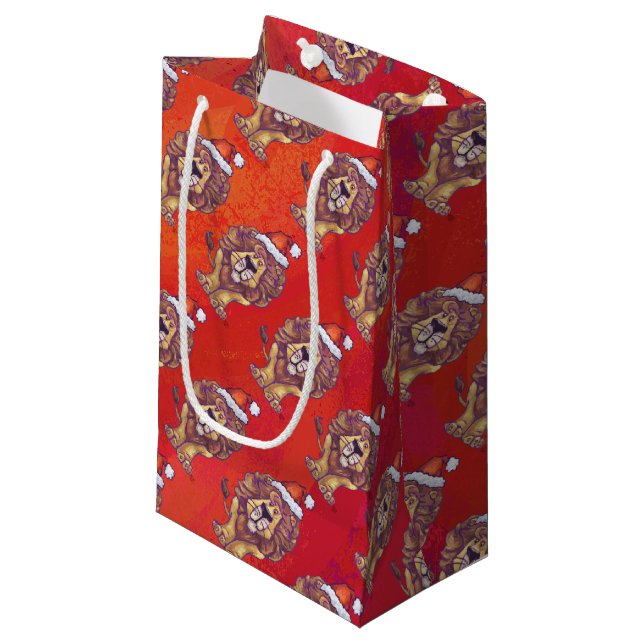 Lion Christmas On Red Small Gift Bag (Front Angled)