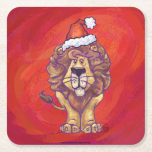 Lion Christmas On Red Square Paper Coaster