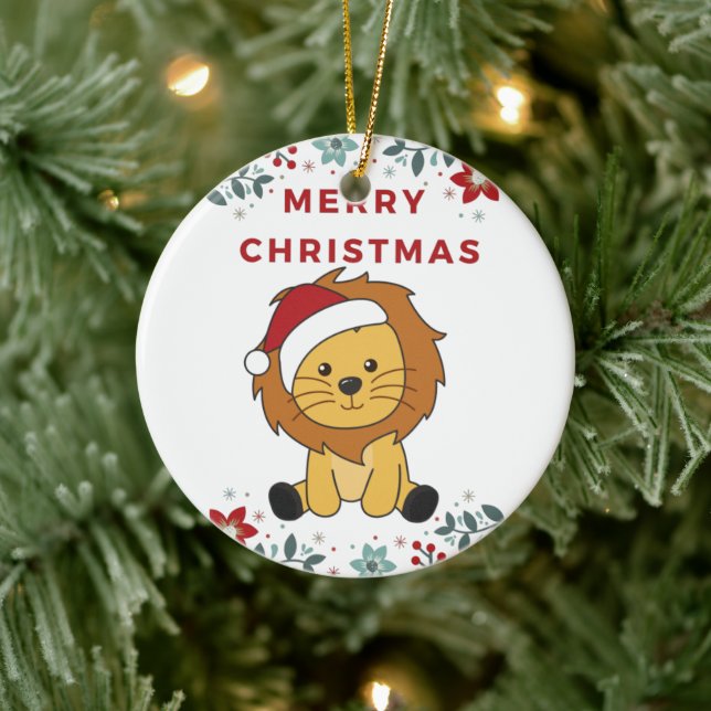 Lion Christmas Snow Winter Animals Lions Ceramic O Ceramic Ornament (Tree)