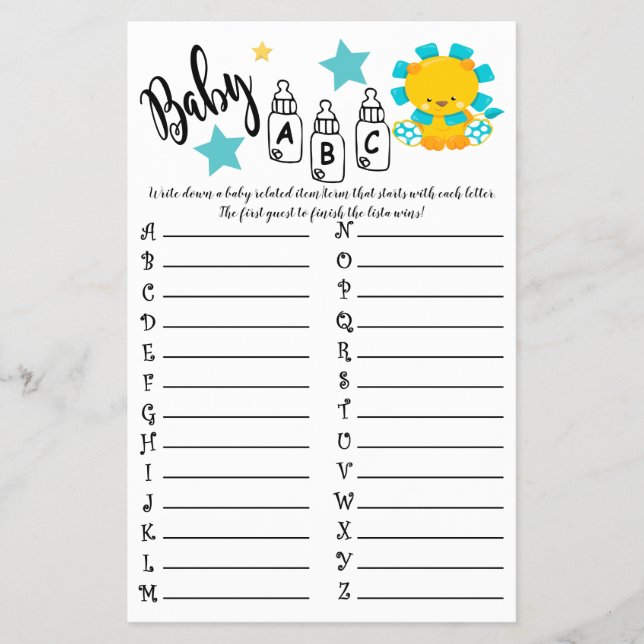 LION COLORFUL ABC BABY SHOWER GAME CARD (Front)