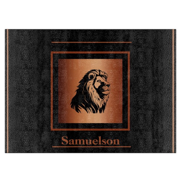 Lion Copper-Embellished Personalised Glass Cutting Board (Front)