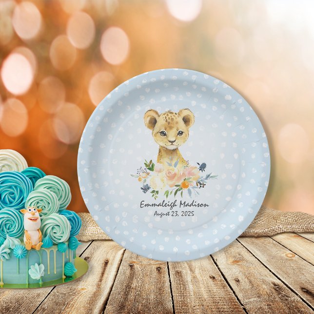 Lion Cub Blue Baby Shower Party Paper Plate (Creator Uploaded)