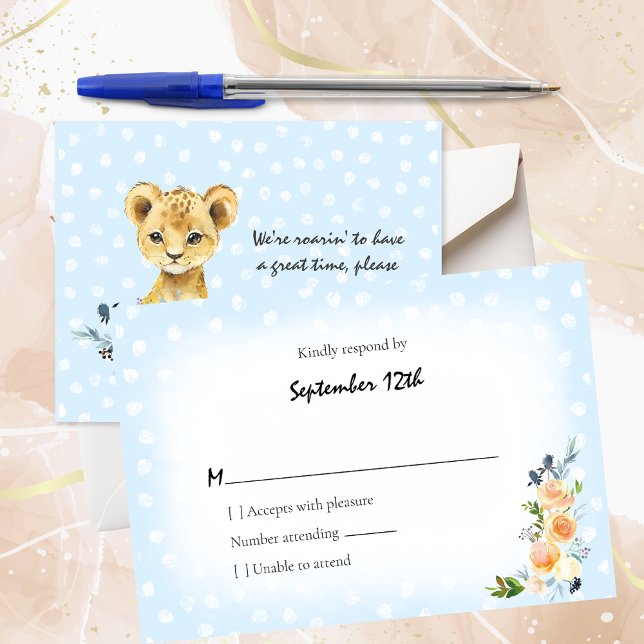 Lion Cub Blue Baby Shower RSVP Enclosure Card (Creator Uploaded)
