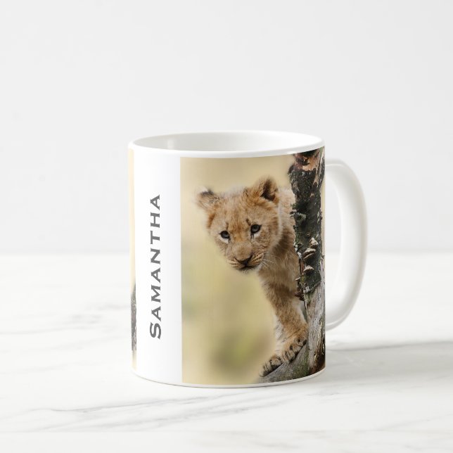 Lion Cub CLimbing Tree Personalised Photo Coffee Mug (Front Right)