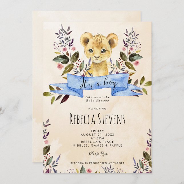 Lion cub floral boy baby shower invitation (Front/Back)