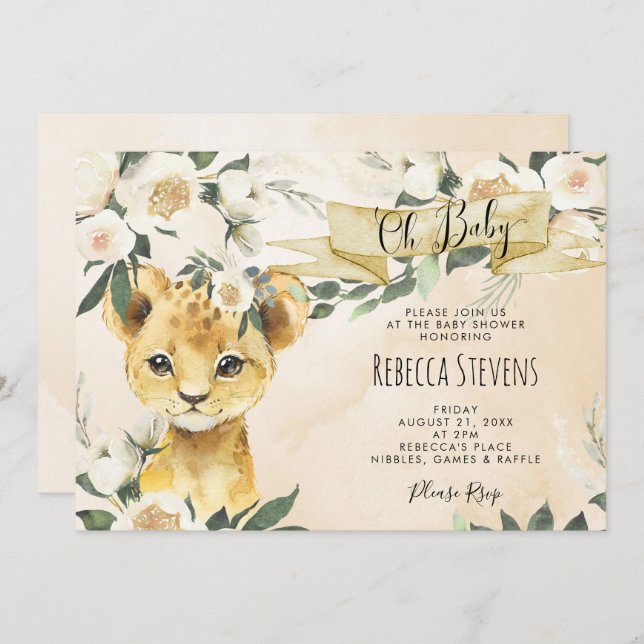 Lion cub floral neutral baby shower invitation (Front/Back)