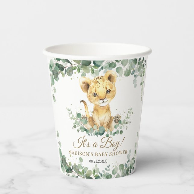 Lion Cub Greenery Boy Gender Neutral Baby Shower  Paper Cups (Back)