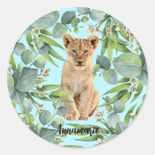 Lion Cub Jungle Green Forest Cute Teal  Classic Round Sticker