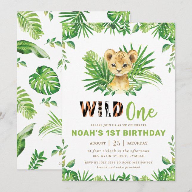 Lion Cub Jungle Safari Greenery Boy 1st Birthday Invitation (Front/Back)