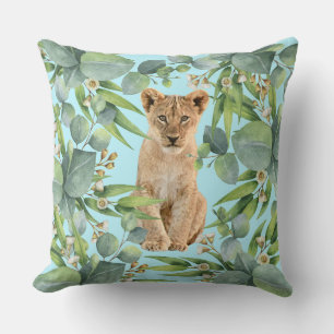 Lion Cub Teal Tropical Rain Forest Monogram Cushion