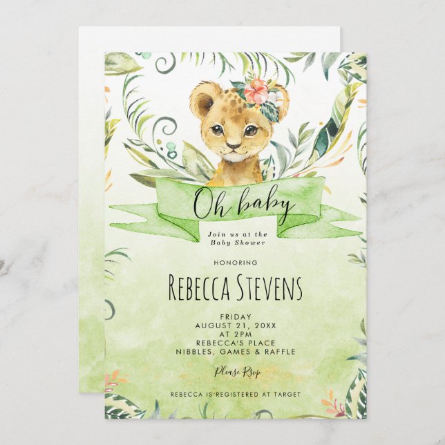 Lion cub tropical jungle baby shower invitation (Front/Back)
