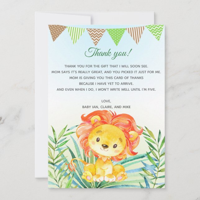 Lion Cub Watercolor Baby Shower Thank You Card (Front)