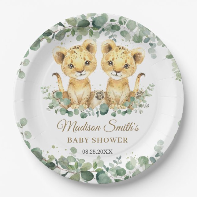 Lion Cubs Greenery Twin Boys Baby Shower  Paper Plate (Front)