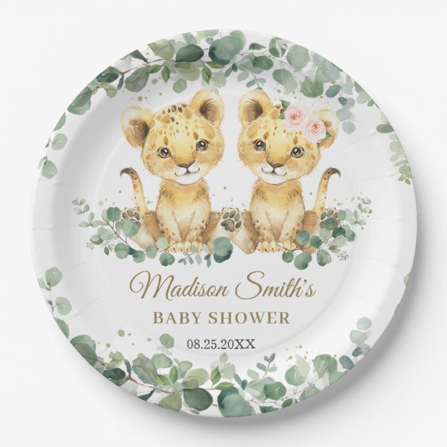Lion Cubs Greenery Twins Girl Boy Baby Shower  Paper Plate (Front)