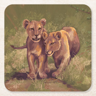 Lion Cubs Square Paper Coaster