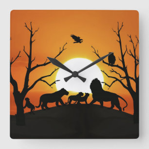 Lion family at sunset Africa Square Wall Clock