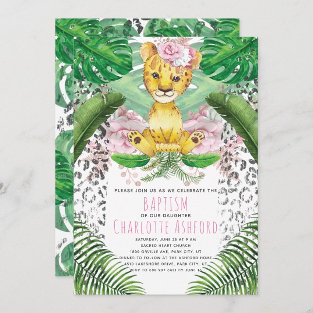 Lion Girl Illustration Safari Baptism Invitation (Front/Back)