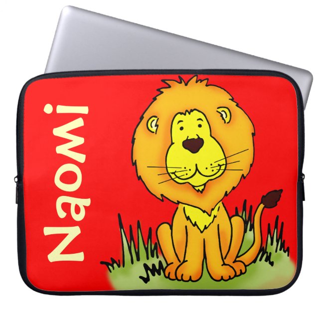 Lion graphic first name red kids laptop case (Front)