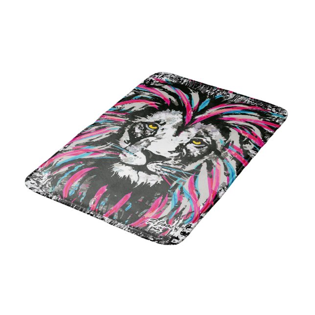 Lion Head Bath Mat | Blue Pink Lion Bath Mat  (Angled)
