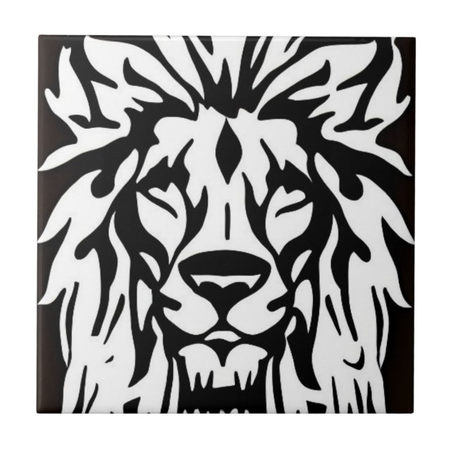 Lion head black and white etching ceramic tile (Front)