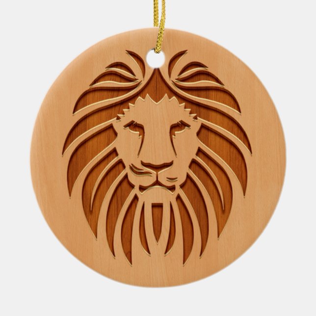 Lion head engraved on wood design ceramic ornament (Front)