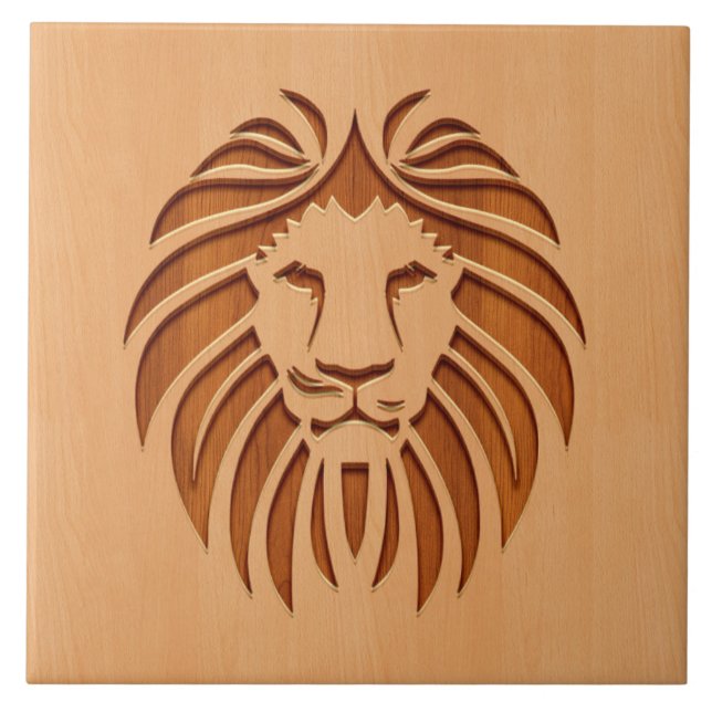 Lion head engraved on wood design ceramic tile (Front)
