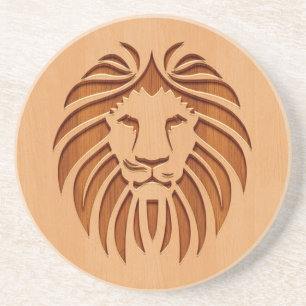 Lion head engraved on wood design coaster