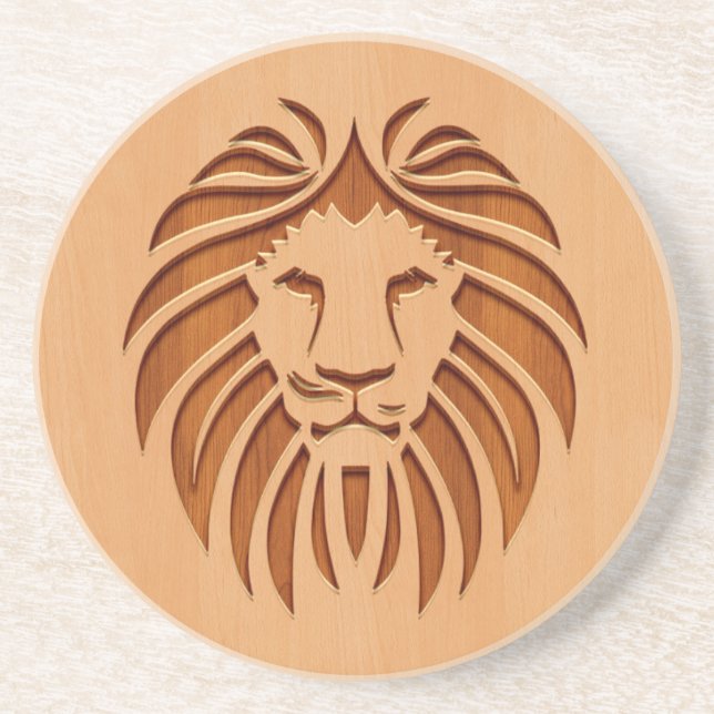 Lion head engraved on wood design coaster (Front)