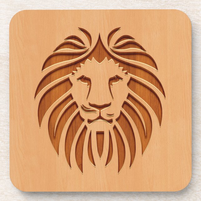Lion head engraved on wood design coaster (Front)