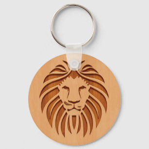 Lion head engraved on wood design key ring
