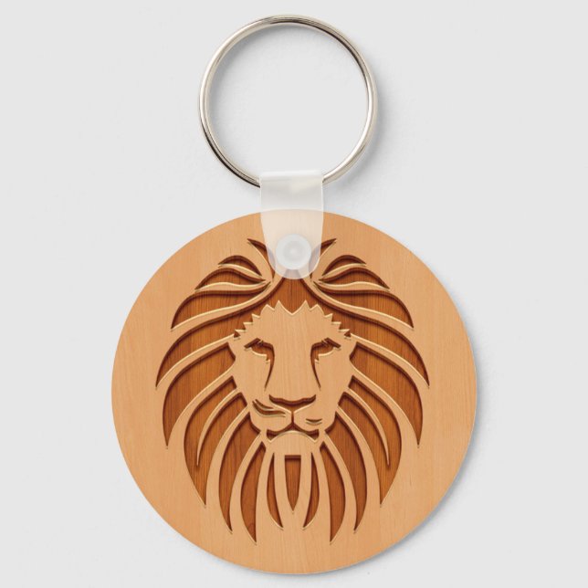 Lion head engraved on wood design key ring (Front)