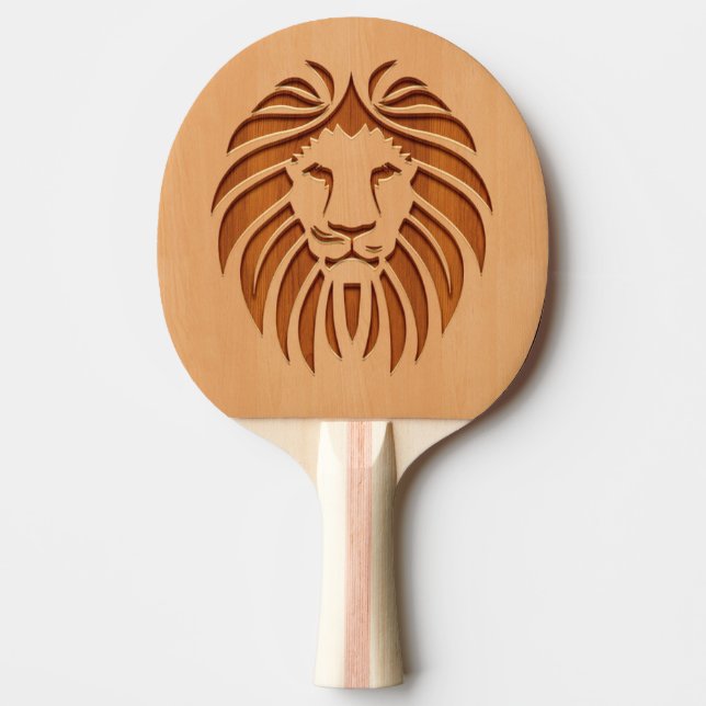 Lion head engraved on wood design ping pong paddle (Front)