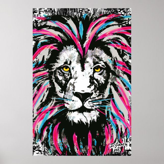 Lion Head Poster Print | Blue Pink Lion Poster (Front)