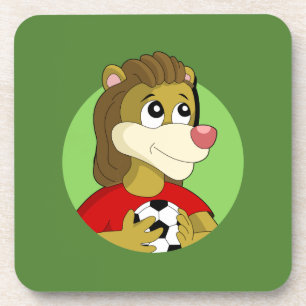 Lion holding a soccer ball cartoon beverage coaste coaster