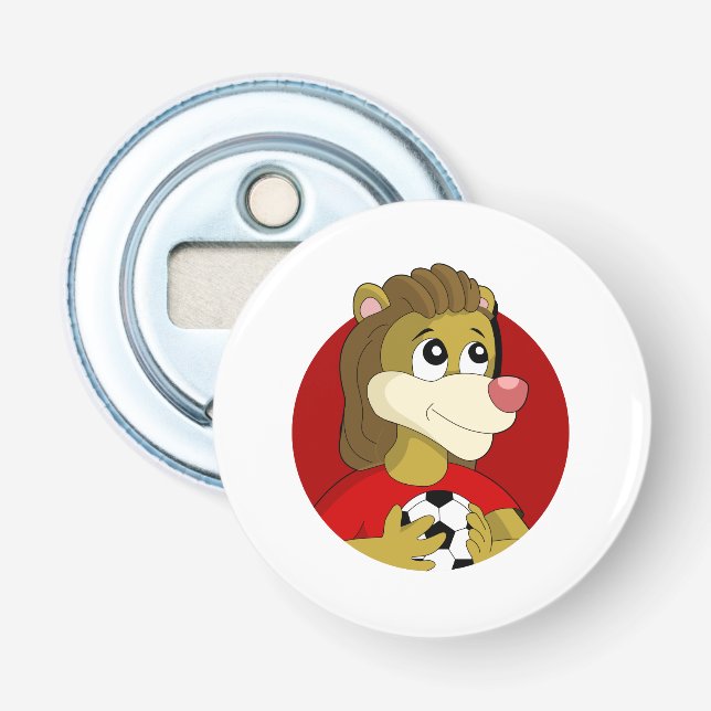 Lion holding a soccer ball cartoon bottle opener (Front)