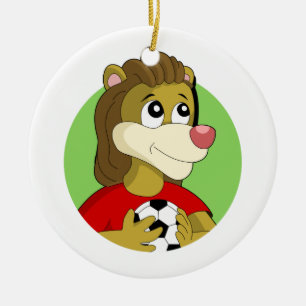 Lion holding a soccer ball cartoon ceramic ornament