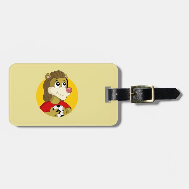 Lion holding a soccer ball cartoon luggage tag (Front Horizontal)