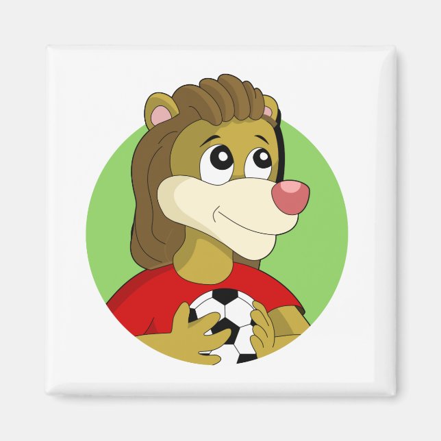 Lion holding a soccer ball cartoon magnet (Front)