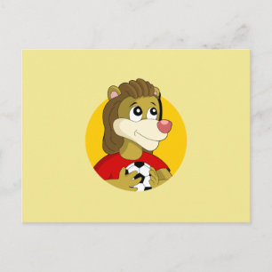 Lion holding a soccer ball cartoon postcard
