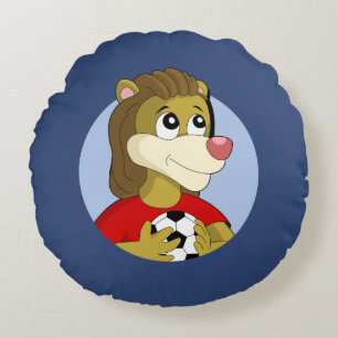 Lion holding a soccer ball cartoon round pillow