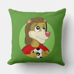 Lion holding a soccer ball cartoon throw pillow